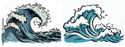 Two artistic representations of ocean waves display swirling motion and a mix of blue and white colors. They capture the power and beauty of the sea in a unique style.