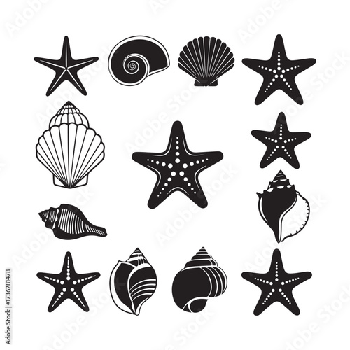 Set of different black sea shells and starfish silhouette vector.