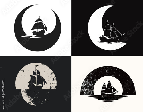 Four unique sailboat illustrations show various designs within circular shapes. The contrast of black and white enhances each boats silhouette against different backgrounds.