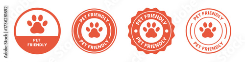 Pet Friendly icon set. Pet Friendly logo, label, sign, badge, symbol, banner, line, flat vector, isolated illustration. Pet Friendly label for product packaging design. Dogs and cats allowed sign.