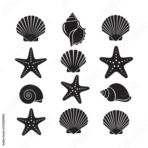 Set of different black sea shells and starfish silhouette vector.