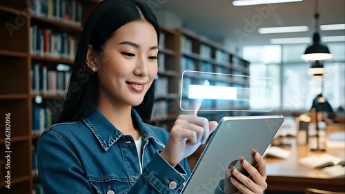 Asian woman using digital tablet with holographic search interface, technology and online learning concept