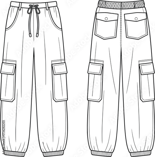 cargo jogger pants, technical flat sketch, fashion cad drawing, clothing vector template, unisex trousers, sewing pattern, streetwear design, utility pockets, jogger style
