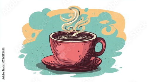 Steaming Coffee Cup Illustration - Warm, Cozy, Hand-Drawn, Artistic, Digital Art.