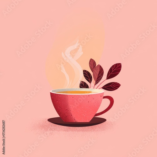 Steaming Pink Teacup with Autumnal Foliage on Soft Peach Background.