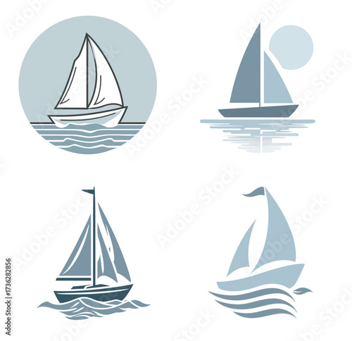 Four unique sailboat illustrations depict various designs sailing on tranquil waters, under a serene sky. Each boat has its own distinctive shape and style.