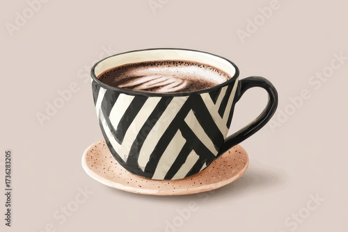 Stylish Zebra-Striped Coffee Cup with Marshmallows on Saucer, Isolated Studio Shot.