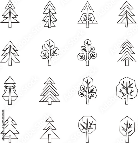A collection of minimalist, hand-drawn line art illustrations depicting various stylized trees, including coniferous and deciduous varieties, presented in a grid format.