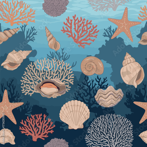  Marine life illustration pattern vector coral, shell, scallop, starfish, deep sea background layout silhouette printable