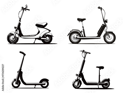 Four distinct styles of electric scooters and bikes are shown in a black and white layout. Each model features unique designs, showcasing diverse uses and forms.