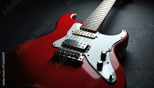 Close up red electric guitar body and neck with shiny chrome hardware. Six strings visible over pickguard and bridge. Dark studio background.