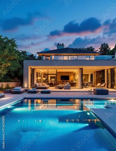 Modern luxury home exterior with pool and evening sky