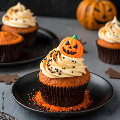 A halloween cupcake with vanilla frosting and a pumpkin candy on a black plate with other cupcakes