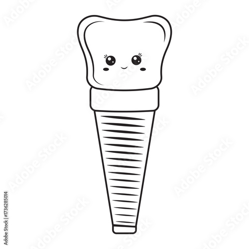 Dental implant, character kawaii contour. Screw prosthesis, Illustration of dental implantation,orthodontic dental implantation