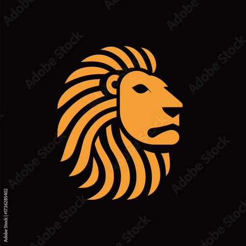 A striking logo featuring a lion head in bright orange on a solid black background. The design highlights the lions mane and facial features, conveying strength.