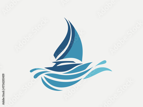 A sailboat moves smoothly over the tranquil waters, with its sails filled by a light breeze. The waves ripple gently, creating a serene atmosphere on the water.