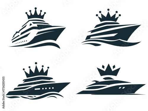 Four stylish yacht illustrations feature crowns and waves, perfect for branding luxury sea adventures and nautical themes in various designs.
