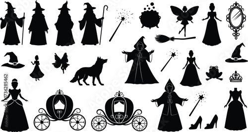 Fairy tale silhouettes, witch, fairy, princess, fantasy elements, magical icons, enchanted symbols, vector pack, storytelling, Halloween, royalty, mystery, spell, 