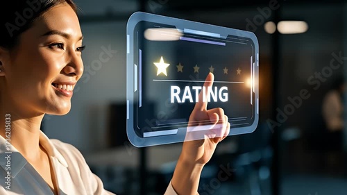 Asian woman with holographic shopping rating, e commerce and customer satisfaction concept