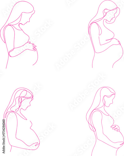 Minimalist line art drawing of a pregnant woman holding her belly and Continuous line drawing