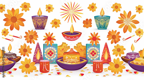 Golden glowing diya placed at the center of a decorative mandala pattern on deep purple background, representing spirituality and Diwali celebration, perfect for packaging and wraps.