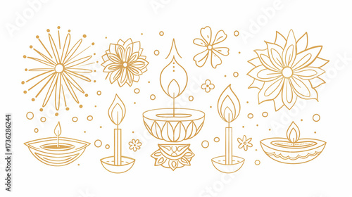 golden line art for diwali with diyas, candles, and floral festive patterns on white background
