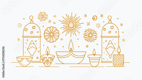 Elegant golden line-art design featuring diyas and floral motifs on white background, symbolizing Diwali light and purity, perfect for sweet box covers, gift wraps, and packaging.