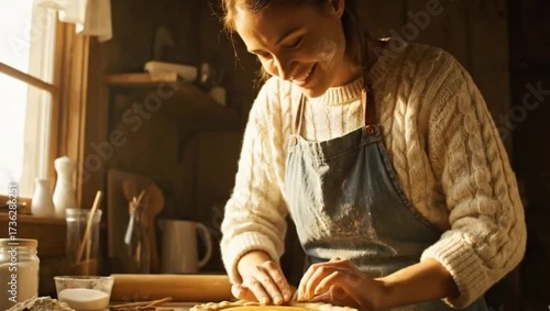 Baking a homemade pie in a cozy kitchen, woman lovingly prepares a delicious dessert with warm, inviting atmosphere perfect for food blogs