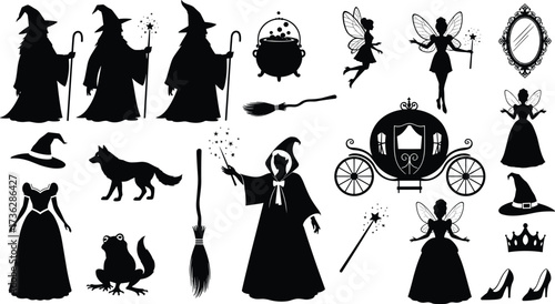 Fairy tale silhouettes, witches, fairies, magical creatures, enchanted mirror, fantasy dresses, wizard, frog, broom, crown, wand, carriage, cauldron