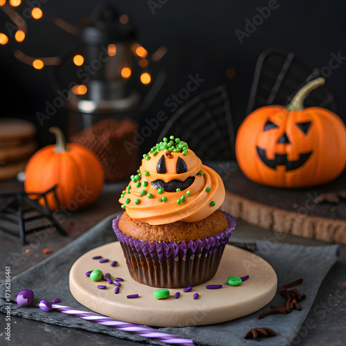 A halloween cupcake with orange frosting shaped like a pumpkin on a wooden plate with pumpkins
