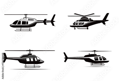 Four distinct helicopter silhouettes are displayed side by side, showcasing various designs and styles suited for artistic projects and illustrations involving aviation.