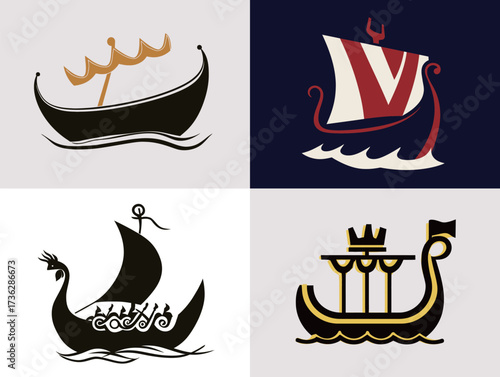 Four distinct ship designs are featured, highlighting various historical maritime styles. Each ship presents unique features, capturing the essence of seafaring traditions.