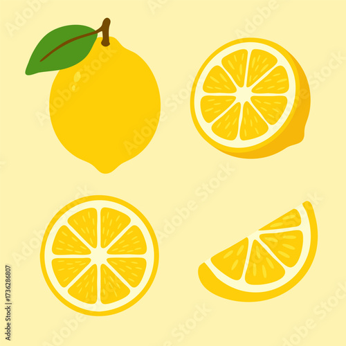 A collection of fresh yellow lemons, including a whole fruit with a leaf, a half, a slice, and a wedge, in a flat vector illustration style.