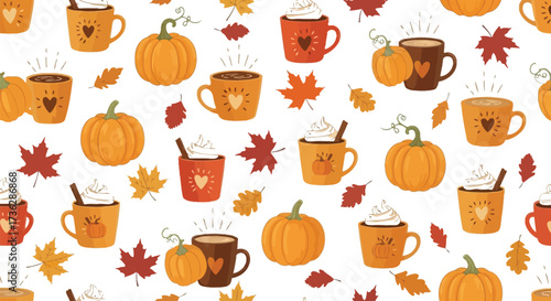 Seamless autumn pattern with pumpkins leaves and mugs of hot seasonal drinks