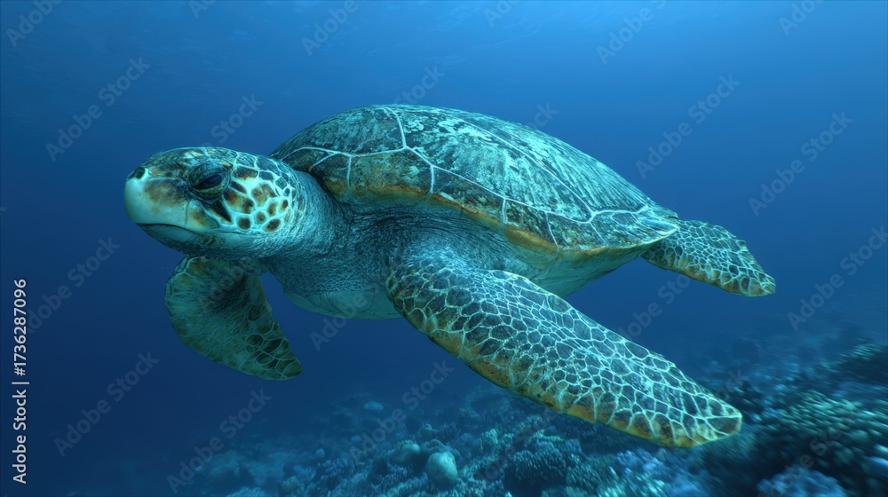 Fototapeta premium Majestic Sea Turtle Gliding Through Clear Ocean Water