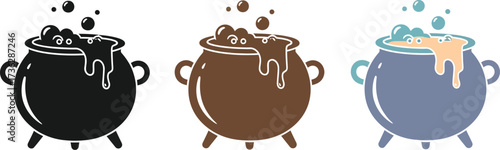 Three cauldrons brewing potions for halloween in black brown and blue colors