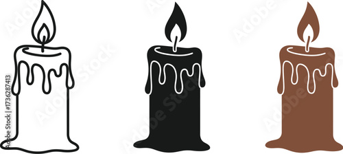 Three stylized candles with dripping wax in black white and brown colors