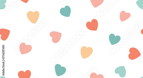 A collection of colorful heart shapes scattered across a white background.