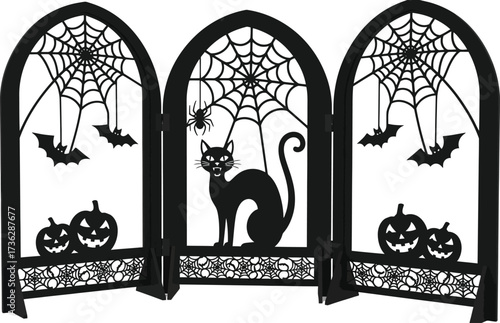 Spooky halloween folding screen with black cat spiderwebs bats and jackolanterns