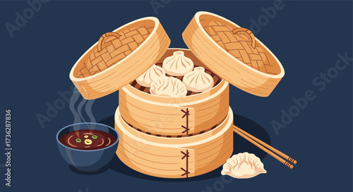 Steamed dumplings in bamboo baskets with dipping sauce and chopsticks.