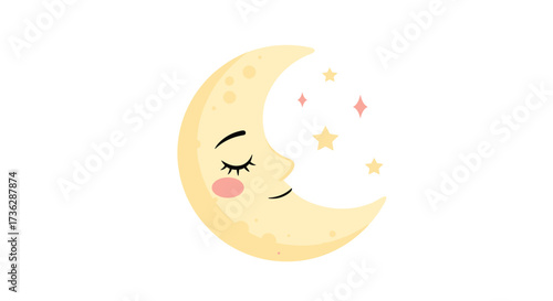 Sweet dreams under a crescent moon with sleepy eyes and twinkling stars.
