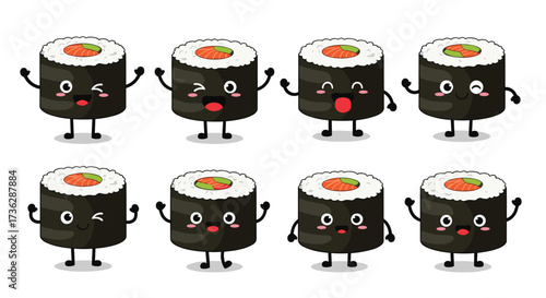 Cute sushi rolls characters with different facial expressions and poses.