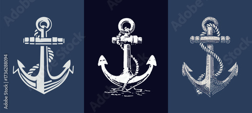 Three distinct anchor designs are displayed on a deep blue background, illustrating the beauty of maritime symbols in various artistic styles.