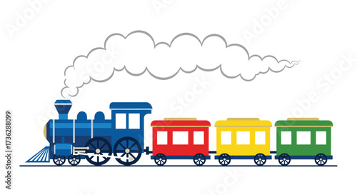 A colorful train travels across the landscape with a plume of smoke.
