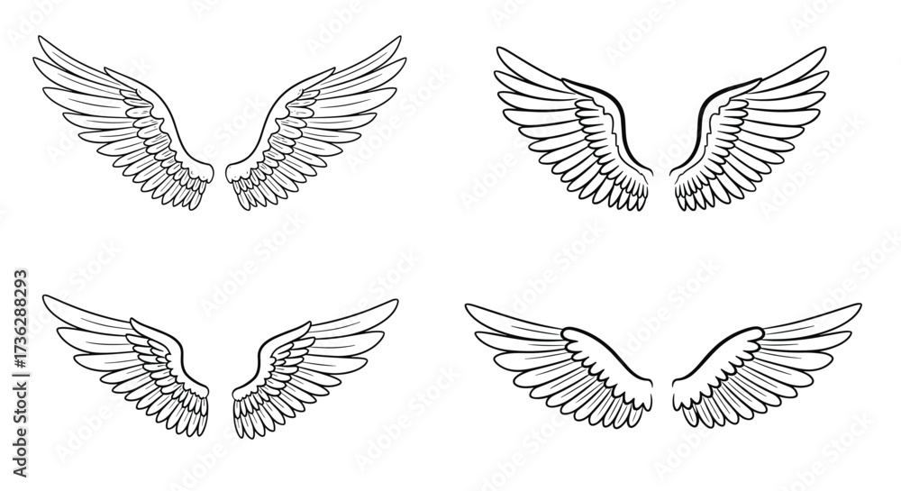 Fototapeta premium A collection of four different styles of detailed sketch drawings of angel wings.