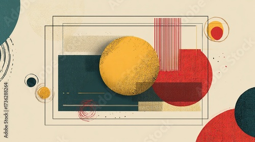 Abstract geometric composition featuring circles, rectangles, lines, and textured details on a neutral backdrop