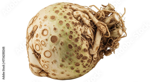 Isolated celeriac root with roots on a light surface, an ingredient for healthy eating
