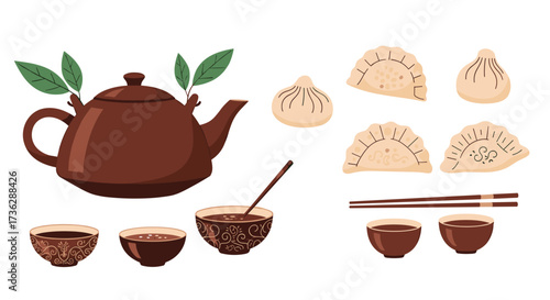 Traditional Asian teapot with steaming dumplings and tea cups.