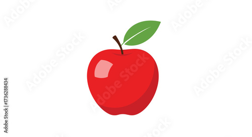 A vibrant red apple with a single green leaf and stem.