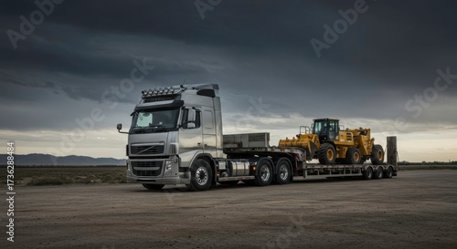 Heavy machinery transport showcasing a Volvo truck carrying a yellow excavator with dramatic sky